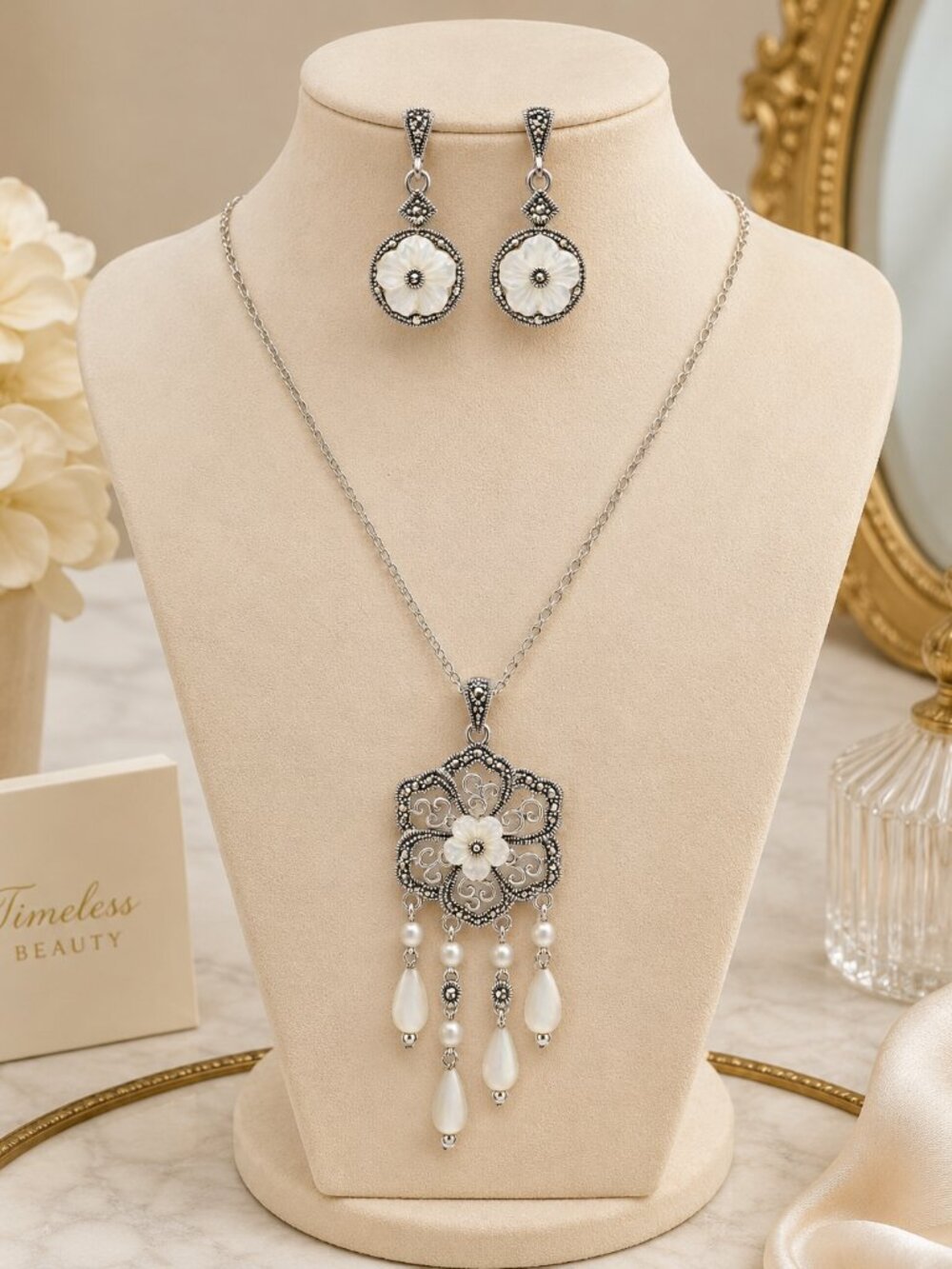 Vintage Mother of Pearl Marcasite Sterling Floral Earrings & Necklace Jewelry